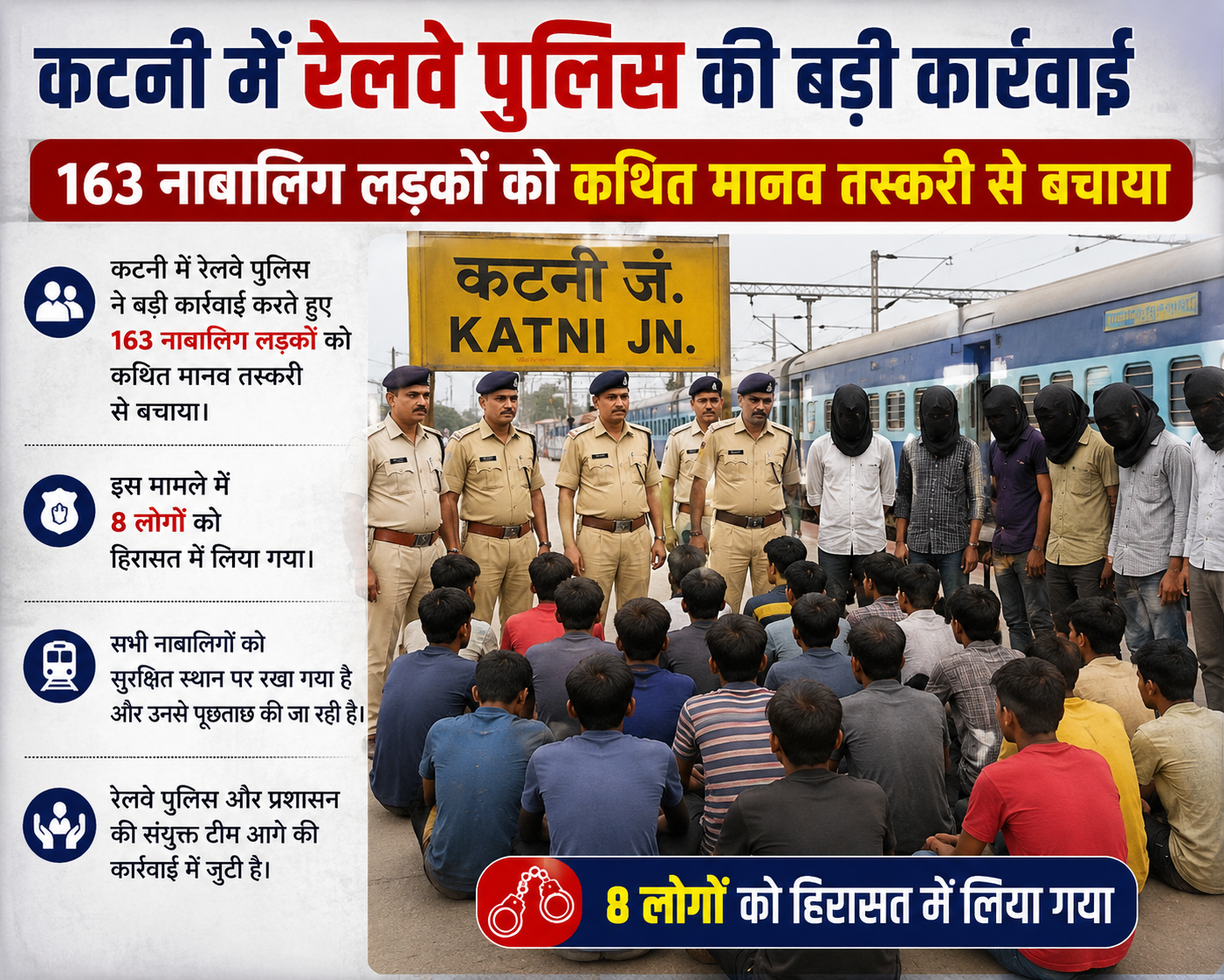 कटनी में रेलवे पुलिस ने बड़ी कार्रवाई करते हुए 163 नाबालिग लड़कों को कथित मानव तस्करी से बचाया। इस मामले में 8 लोगों को हिरासत में लिया गया। �